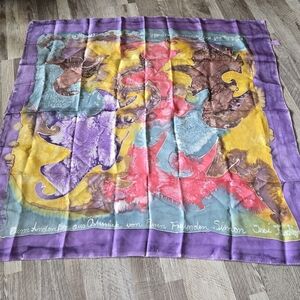 AUSTRIAN 100% Silk Scarf OS Hand Painted Abstract Watercolor Calligraphy